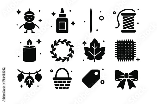 Chestnut Craft Icons. Chestnut Crafts and Decor. Solid icons set of Chestnut Crafts and Decor: chestnut figure, glue bottle, toothpick, string, candle jar,