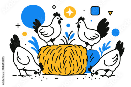 Geometric Chicken Playground. Poultry Farm. Chickens pecking around hay bales with floating abstract geometric shapes and soft glowing accents, lively and