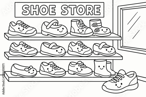Smiling Shoes Coloring. Shoe store children?s coloring book illustration, outlined drawing, cartoon shop with