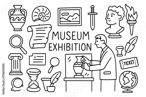 Museum Curator Doodle. Museum Exhibition. Hand-drawn doodle illustration of a museum curator arranging