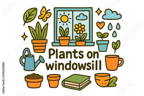Playful Windowsill Garden. Plants on windowsill. Hand-drawn doodle illustration of plants on windowsill.