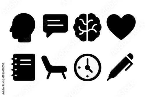 Psychotherapy Icon Set. Psychotherapy. Filled icon set of psychotherapy: human head, chat bubble, brain, heart
