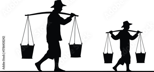 Silhouette of Asian farmers carrying heavy buckets with yoke pole, traditional manual labor, water or harvest, black and white flat vector illustration, working people.
