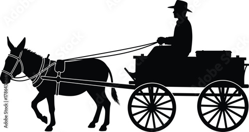 Silhouette of man driving donkey pulling two-wheeled wooden cart, traditional farming transportation, rural life, black and white flat vector illustration, vintage carriage.