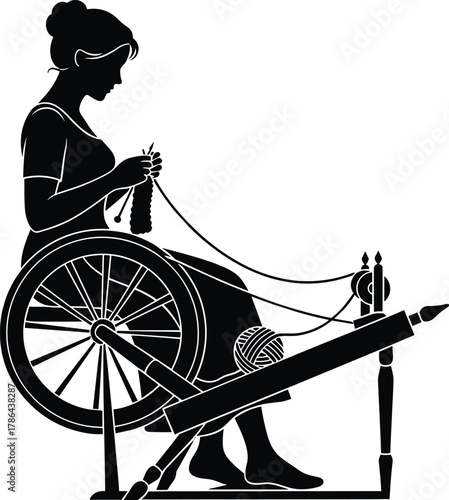 Young woman sitting and knitting wool yarn, traditional antique spinning wheel, female textile craft, handmade hobby, black and white flat vector illustration, vintage silhouette.