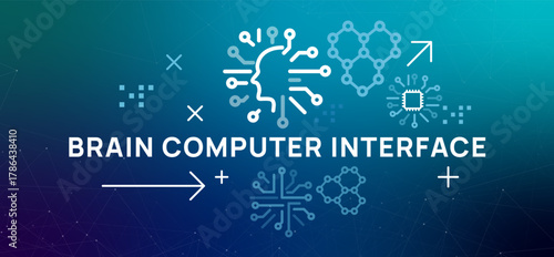 Brain Computer Interface BCI icons show a human head connected to chip molecular structure representing neuroscience technology and future of mind control and digital interaction