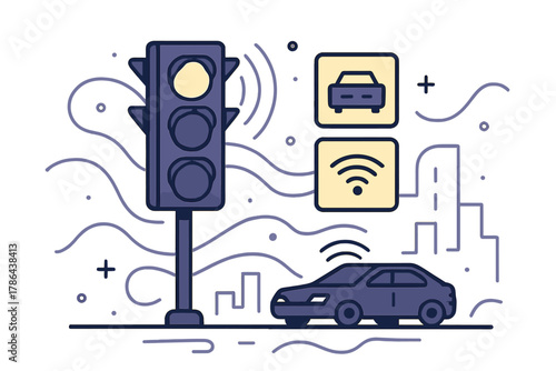 Smart Traffic Intersection. Intersection with Sensors. A glowing traffic light system with motion and sensor