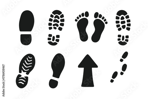 Footprint Icon Set. Footprints and soles. Filled icon set of footprints and soles: shoe print, sole pattern,