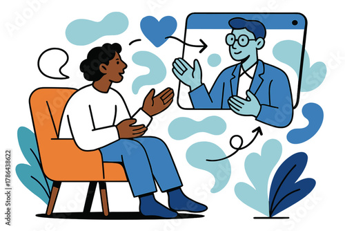 Virtual Therapy Connection. Virtual therapy session. A person sitting in a cozy space with a holographic AI