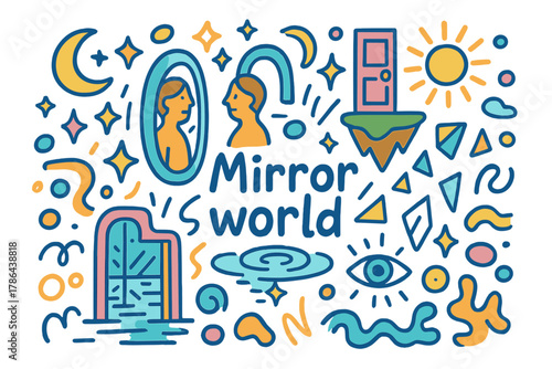 Mirror World Doodle. Mirror world. Hand-drawn doodle illustration of Mirror world. Twin figures, portal,