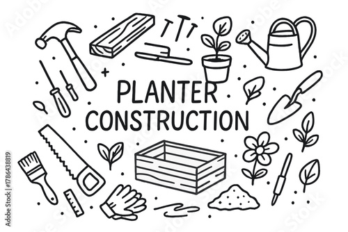 Doodle Planter Tools. Planter Construction. Hand-drawn doodle illustration of Planter Construction. planter