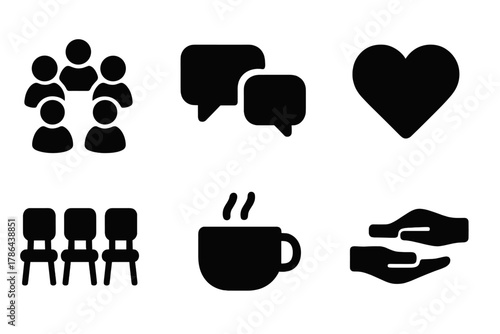 Group Therapy Icons. Group therapy. Filled icon set of group therapy: people circle, chat bubbles, notebook,