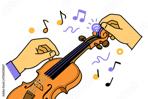 Tuning Violin Strings. Violin Adjustment. Close-up of hands tuning violin strings with glowing indicators of