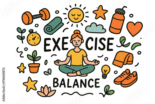Exercise Balance Doodle. Exercise balance. Hand-drawn doodle illustration of exercise balance. Dumbbells, yoga