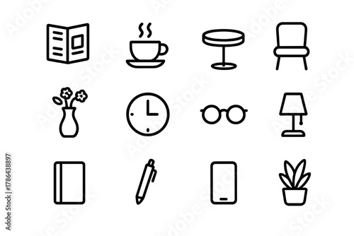 Waiting Area Icons. Waiting area essentials icons. Line outline icon set of waiting area essentials icons: