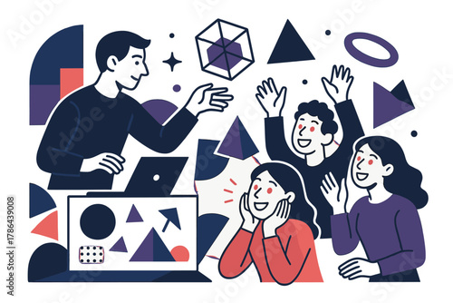 Interactive Holographic Art. Multimedia Art Interaction. The artist manipulates projected visuals and floating