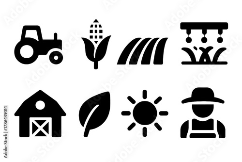 Crop Farming Icons. Crop farming. Filled icon set of crop farming: tractor, corn stalk, field, irrigation pipe