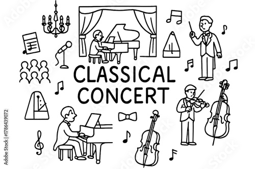 Classical Concert Doodle. Classical Concert. Hand-drawn doodle illustration of a classical pianist performing