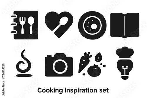 Cooking Icon Set. Cooking inspiration. Filled icon set of cooking inspiration: recipe notebook, heart with