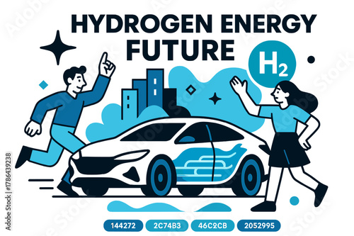 Hydrogen-Powered Future. Hydrogen Energy Future. A sleek fuel cell car glides through a futuristic city;