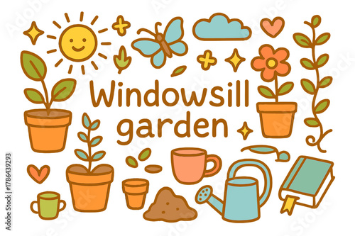 Windowsill Garden Delight. Windowsill garden. Hand-drawn doodle illustration of windowsill garden. Potted
