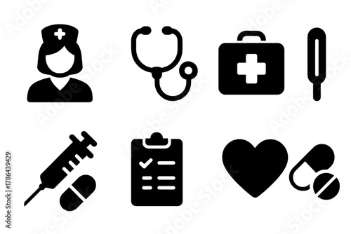 Home Healthcare Icons. Home healthcare. Filled icon set of Home healthcare: nurse, stethoscope, first aid kit,