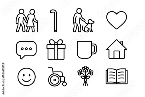 Elderly Companionship Icons. Elderly companionship. Line outline icon set of elderly companionship: two people