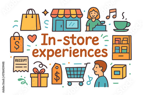 In-Store Shopping Doodles. In-store experiences. Hand-drawn doodle illustration of in-store experiences.