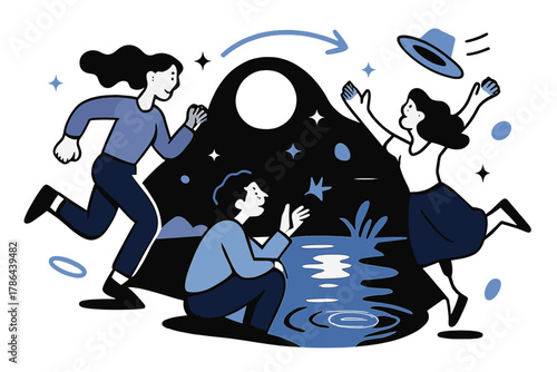 Moonlit Lake Reflections. Moonlight reflection. A calm lake mirroring the moon and stars, faint ripples