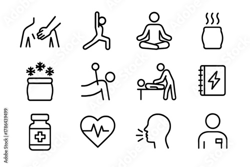 Physical Therapy Icons. Physical therapy icons. Line outline icon set of physical therapy icons: massage hands