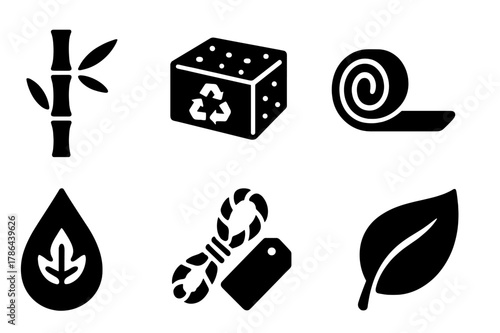 Sustainable Materials Icons. Sustainable materials. Filled icon set of sustainable materials: bamboo stalk,