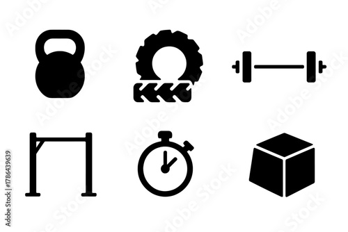 CrossFit Icon Set. CrossFit training. Filled icon set of CrossFit training: kettlebell, tire, jump rope,