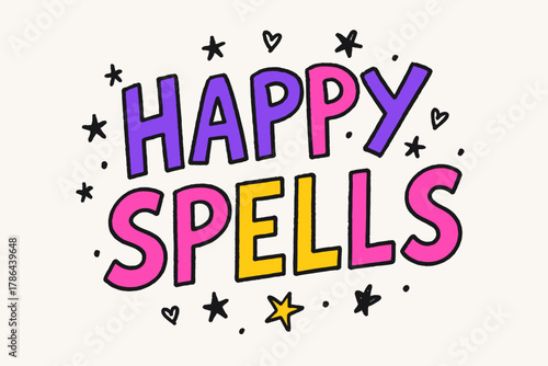 Happy Spell Doodles. Happy Spells ? Doodle / Sketch: hand-drawn bouncy letters outlined roughly; tiny doodles
