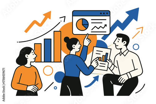 Business Growth Analysis. Market growth. People analyzing bar charts and digital dashboards, abstract arrows