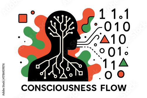 Digital Mind Expansion. Consciousness flow. A human silhouette with glowing neural networks extending outward,