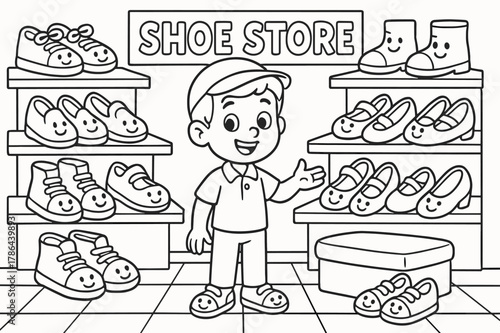 Smiling Shoe Store. Shoe store children?s coloring book illustration, outlined drawing, cartoon shop with