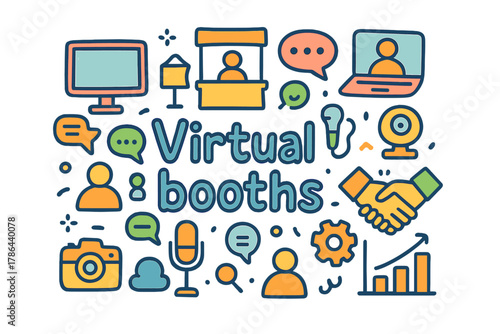 Colorful Virtual Booths. Virtual booths. Hand-drawn doodle illustration of Virtual booths. Computer monitor,