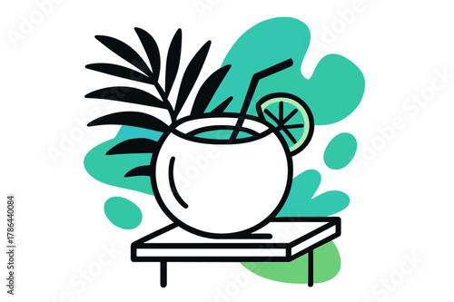 Tropical Coconut Drink. Exotic hydration. A coconut drink with a straw and slice of lime perched on a minimal