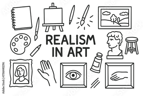 Artistic Realism Elements. Realism in Art. Hand-drawn doodle illustration of realism in art. Canvas, easel,