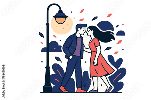 Lamppost Farewell. Streetlight Goodbye. Under a glowing lamppost, two figures pause before parting; a soft