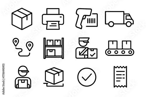 Shipping Process Icons. Shipping process. Line outline icon set of parcel handling steps: package, label