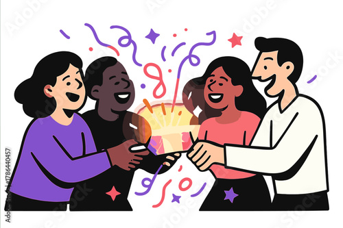 Festive Celebration Scene. Party cheer. People laughing and pulling glowing festive crackers together,