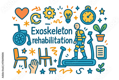 Exoskeleton Rehab Doodle. Exoskeleton rehabilitation. Hand-drawn doodle illustration of exoskeleton