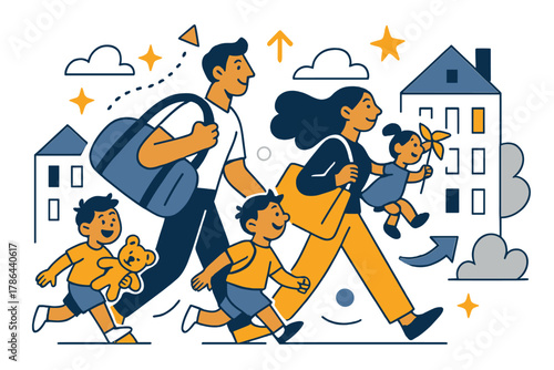 Family's New Beginnings. Family relocation. Parents with children carrying bags and toys toward city homes;