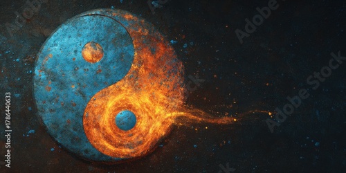Yin yang symbol in blue and orange fire effect over a dark background