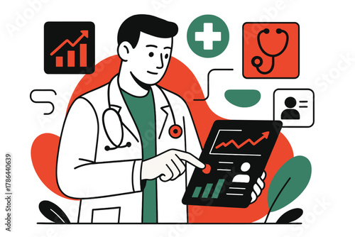 Digital Healthcare Workflow. Medical analysis. Doctor taps on a tablet displaying glowing graphs and patient