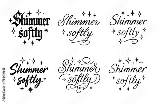 Shimmer Calligraphy Variations. Shimmer softly. Create a calligraphy lettering illustration of the phrase: