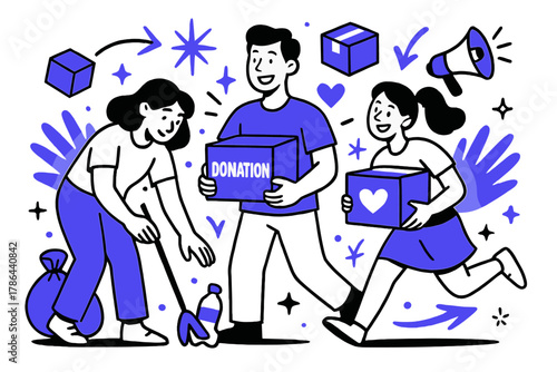 Community Spirit Action. Volunteer initiatives. Groups organizing donation drives, cleanups, and charity