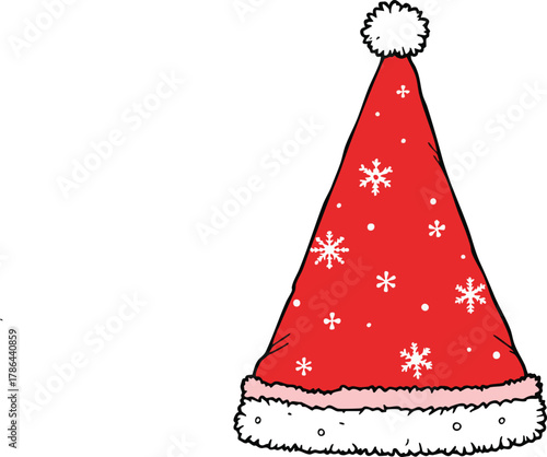 Santa hat illustration in black-and-white line art with snowflakes, pom-pom, and fluffy trim for festive holiday