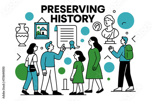 Floating Heritage Exhibits. Heritage museums. Visitors explore a museum hall with floating exhibits of